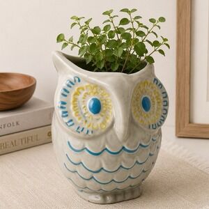 Vintage Ceramic Owl Vase Brush Holder, Vanity Organizer